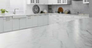 veined quartz countertop in a kitchen