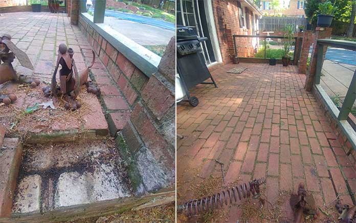 Brick paver patio. Left side shows a close-up view of patio with missing pavers. Right side shows wide shot of brick patio.