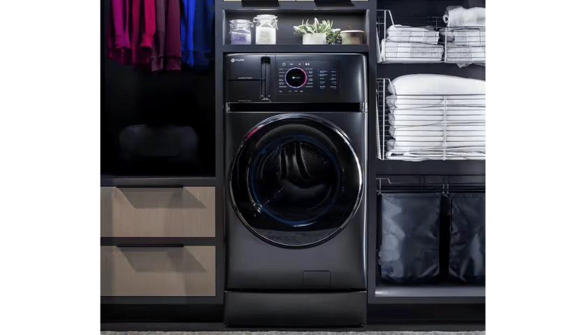 GE Combo washer and dryer in stylish laundry room closet